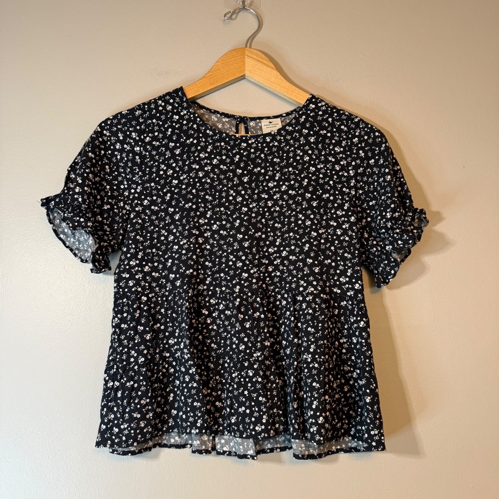 Paper Crane Black White Ditsy Floral Peplum Top Ruffle Short Sleeve XS T41760AT